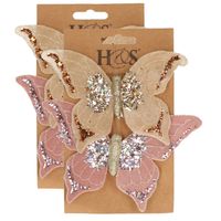 4x stuks kunststof decoratie vlinders op clip roze en beige 10 x 15 cm - Kunstbloemen