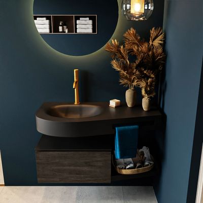MONDIAZ RIVA 100cm badmeubel onderkast / planchet kleur Dark_Brown met 1 lade. Wastafel DULCET links 1 kraangat kleur Urban. MONDIAZ RIVA 100cm badmeubel onderkast / planchet kleur Dark_Brown met 1 lade. Wastafel DULCET links 1 kraangat kleur Urban.
