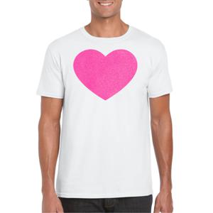 Verkleed T-shirt voor heren - hartje - wit - roze glitter - carnaval/themafeest