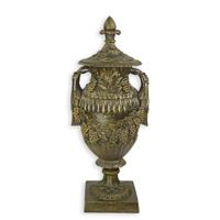 A CAST IRON ORNAMENTAL GARDEN URN ON STAND, BRONZE LOOK