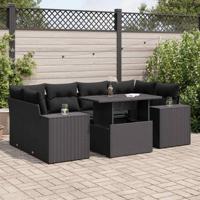 7-delige Loungeset met kussens poly rattan zwart