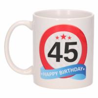 45 jaar Verjaardag koffiemok - cadeau beker - stopbord print - 300 ml - keramiek - wit
