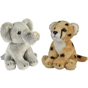 Safari dieren serie pluche knuffels 2x stuks - Olifant en Cheetah van 15 cm