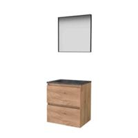 Basic-Line Framed 46 Badkamermeubelset - 60 x 46 cm - Greeploos - 2 Lades - Hardstenen Wastafel - Zonder Kraangat - Spiegel met Zwart Aluminium Frame - Whisky Oak