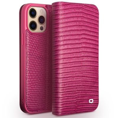 Qialino - lederen luxe bookcase hoes - iPhone 13 Pro Max - Croco Roze