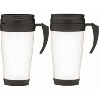 Thermosbeker/warmhoudbeker Koffie To Go - 2x - wit/zwart - 400 ml - koffie/thee bekers - dubbelwandi