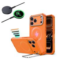iPhone 17 Pro Bundle Cyber Tough Magnetic Case (Camera Control, Stash Stand) and Magnetic Charging Pad (Qi2) - Orange
