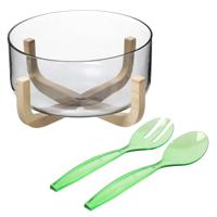 Secret de Gourmet Saladekom/serveerschaal - glas - plastic slacouvert groen - Dia 24 cm - Saladeschalen - thumbnail