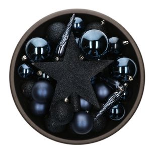 Set van 33x stuks kunststof kerstballen met ster piek donkerblauw mix   -