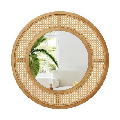 Ronde Rotan Wandspiegel 65cm Houten Frame Spiegel met Aluminium Glas Metalen Haak en Expansieschroef Decoratieve Spiegel