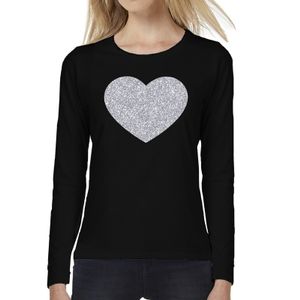 Hart van zilver glitter t-shirt long sleeve zwart voor dames