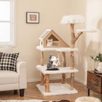 Moderne Massief Houten Kattenboom 150 cm 2 Zitstokken Jute Krabpalen Sisaltouw Lang Zacht Pluche Klimmeubels voor Katten Wit