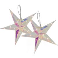 Verlichte kerststerren - 2x - zilver - iriserend- 26 cm - op batterijen - 10 led lampjes