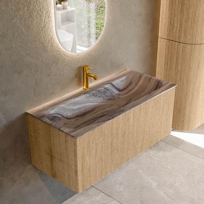 Badmeubel Mondiaz Kurve-Dlux | 100 cm | Meubelkleur Oak | Wastafelkleur Sombra | Solid surface | Wasbak midden spoelbak | 1 kraangat