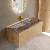 Badmeubel Mondiaz Kurve-Dlux | 100 cm | Meubelkleur Oak | Wastafelkleur Sombra | Solid surface | Wasbak midden spoelbak | 1 kraangat