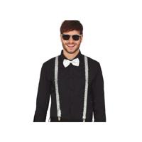 Carnaval verkleed set - bretels/party bril/vlinderstrikje - zilver - volwassenen/heren/dames