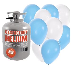 Helium tank met blauwe en witte ballonnen 50 stuks