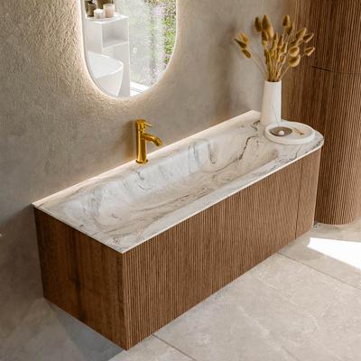 Mondiaz KURVE-DLUX 125 cm Onderkast Greeploos 1 Lade Met Deuren Walnut, Wastafel Solid Surface Links Glace 1 Kraangat Zonder Spiegel (KRVBGM125R1L1D1KL-Wal/Gla)