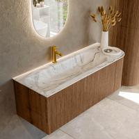 Mondiaz KURVE-DLUX 125 cm Onderkast Greeploos 1 Lade Met Deuren Walnut, Wastafel Solid Surface Links Glace 1 Kraangat Zonder Spiegel (KRVBGM125R1L1D1KL-Wal/Gla)