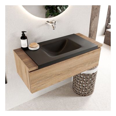 Mondiaz Bukla 100cm badmeubel onderkast kleur washed oak 1 lade met wastafel midden zonder kraangat kleur urban