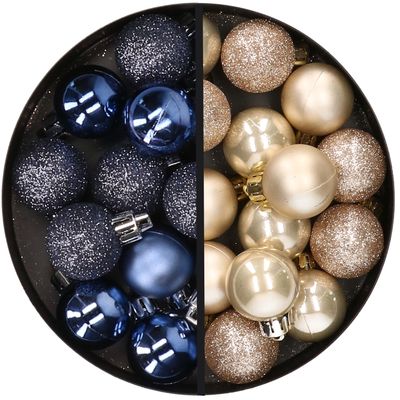34x stuks kunststof kerstballen donkerblauw en champagne 3 cm