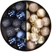 34x stuks kunststof kerstballen donkerblauw en champagne 3 cm - thumbnail