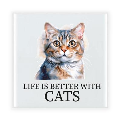 Cadeau tegel kattenliefhebber - Britse Korthaar kat/poes - keramiek - waterverf - 15 cm