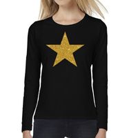 Ster van goud glitter t-shirt long sleeve zwart voor dames - thumbnail