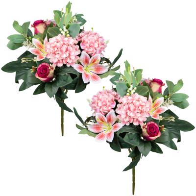 Louis Maes Kunstbloemen boeket roos/hortensia/lelie - 2x - roze/cerise - H39 cm - Bloemstuk