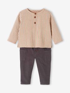 Babyset met geruit overhemd + fluwelen broek bruin, geruit