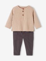 Babyset met geruit overhemd + fluwelen broek bruin, geruit - thumbnail