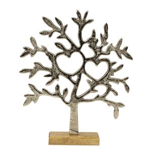 Decoratie levensboom - Tree of Life - aluminium/hout - 23 x 26 cm - zilver kleurig