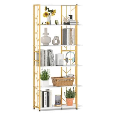 6-Plank Boekenkast Moderne Geometrische Plank met Sterk Metalen Frame Vrijstaande Opslag Plank met 2 Anti-Kantel Kits