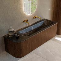 Badmeubel Mondiaz Kurve-Dlux | 145 cm | Meubelkleur Walnut | Wastafelkleur Lava | Solid surface | Rechts spoelbak | Zonder kraangat(en)