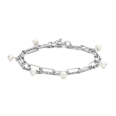 Armband Fantasie staal-zoetwaterparel zilverkleurig-wit 4 mm 16-19 cm