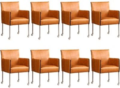 Set van 8 Cognac leren moderne kuipstoel More - poot rond rvs met wiel - Vintage Leer Cognac (cognac leer)