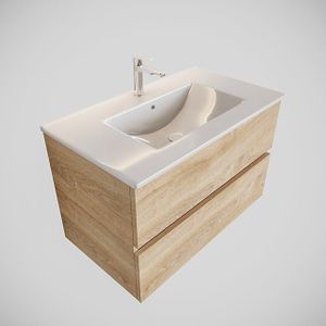 MONDIAZ VICA Badkamermeubelset - 80cm - 2 lades - wasbak Denia midden - 1 kraangat - solid surface washed oak PC75341319