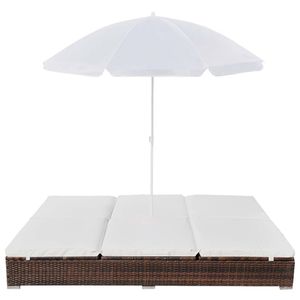 The Living Store Dubbel Ligbed Bruin PE Rattan - 197x140x190cm - UV-bestendige Parasol - 2 Afneembare Kussens -