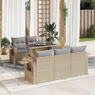 6-delige Loungeset met kussens poly rattan beige