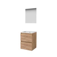 Basic-Line Ultimate 46 Badkamermeubelset - 50 x 46 cm - Greeploos - 2 Lades - Keramische Wastafel - 1 Kraangat - Spiegel met Indirecte LED Verlichting - Whisky Oak