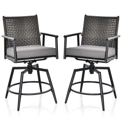 2 Barstoelen 360° Draaibaar Metalen Frame Dubbellaagse Rotan Rugleuning Verwijderbaar Kussen voor Terras Veranda Zwart