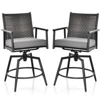 2 Barstoelen 360° Draaibaar Metalen Frame Dubbellaagse Rotan Rugleuning Verwijderbaar Kussen voor Terras Veranda Zwart