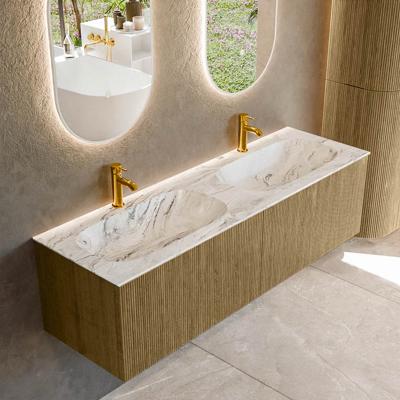 Badmeubel Mondiaz Kurve-Dlux | 150 cm cm | Meubelkleur Dusk | Wastafelkleur Glace | Solid surface | Wasbak beiden zijden spoelbak | 2 kraangaten