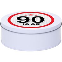 Wit bewaarblik/opbergblik 18 cm met 90 jaar sticker   -