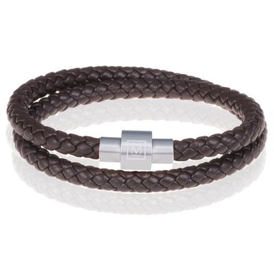 Memphis leren wrap armband Donkerbruin Zilver-19cm