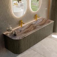 Badmeubel Mondiaz Kurve-Dlux | 145 cm | Meubelkleur Shadow | Wastafelkleur Sombra | Solid surface | Dubbel / Rechts spoelbak | 2 kraangaten