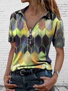 Vintage Geometric Zipper V neck T-Shirt