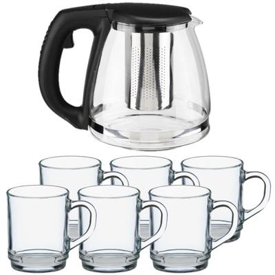 Thee drink set - Glazen theepot met infuser - 1,2 liter - met 6x stuks theeglazen - van 260 ml