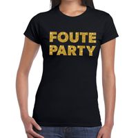 Foute Party gouden glitter tekst t-shirt zwart dames - thumbnail