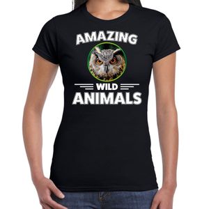 T-shirt uilen amazing wild animals / dieren zwart voor dames